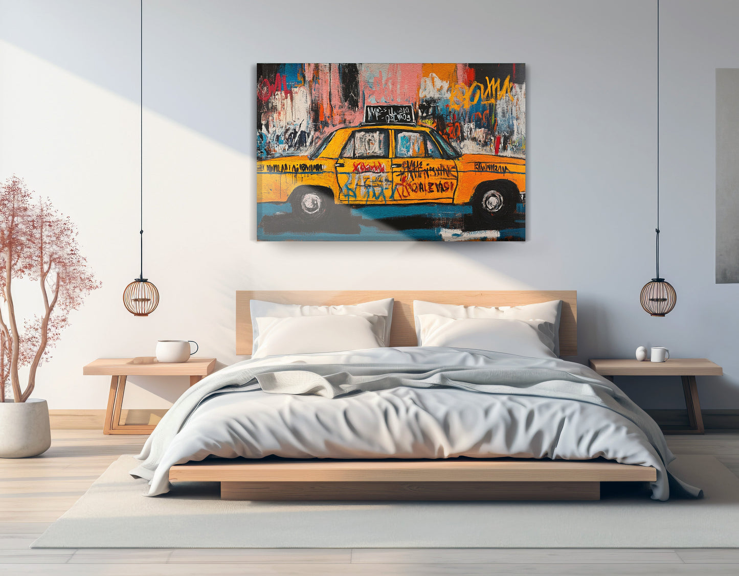 Yellow Taxi Urban Black African American canvas print displayed as bedroom wall decor