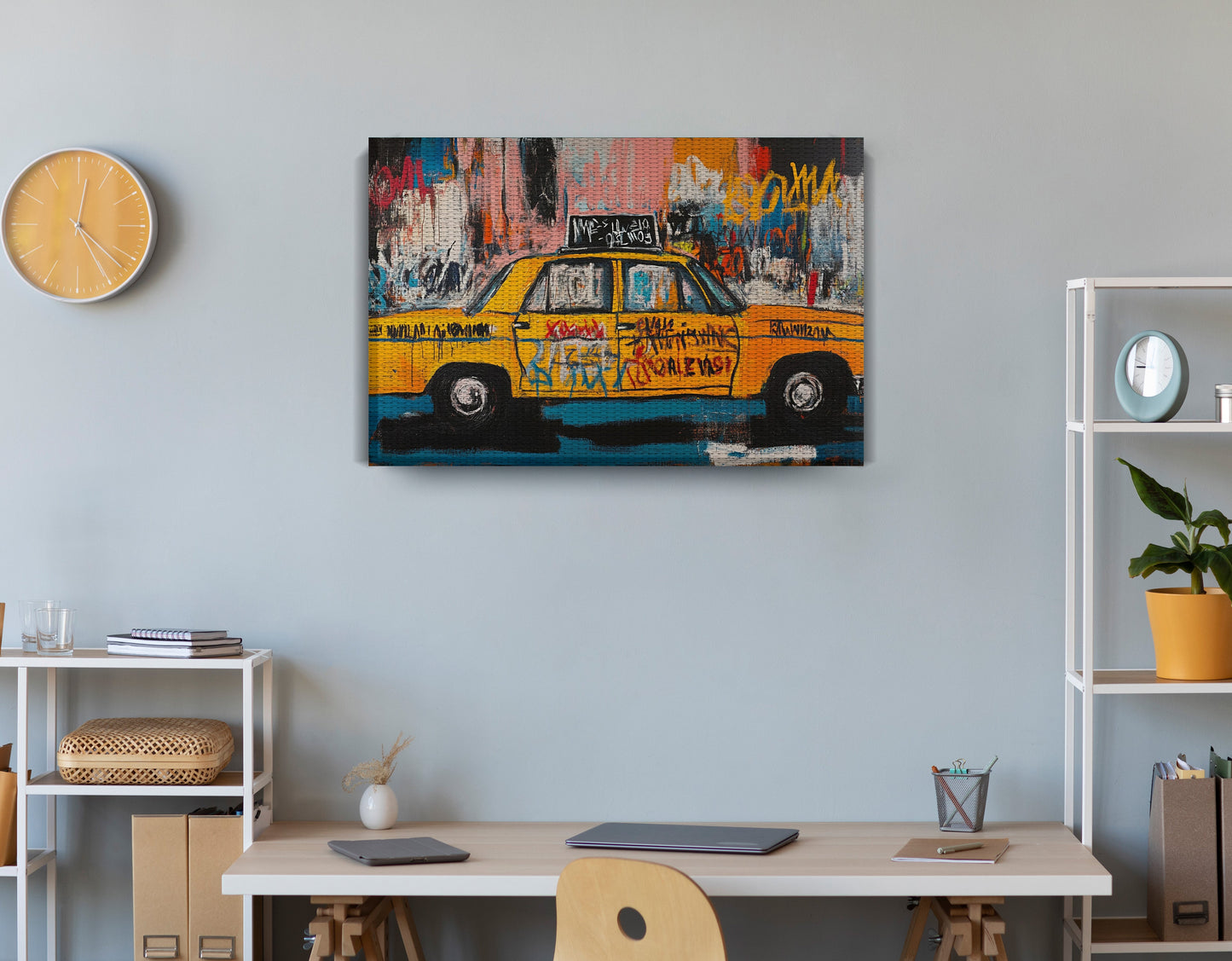Yellow Taxi Urban Black African American canvas print displayed as office wall decor