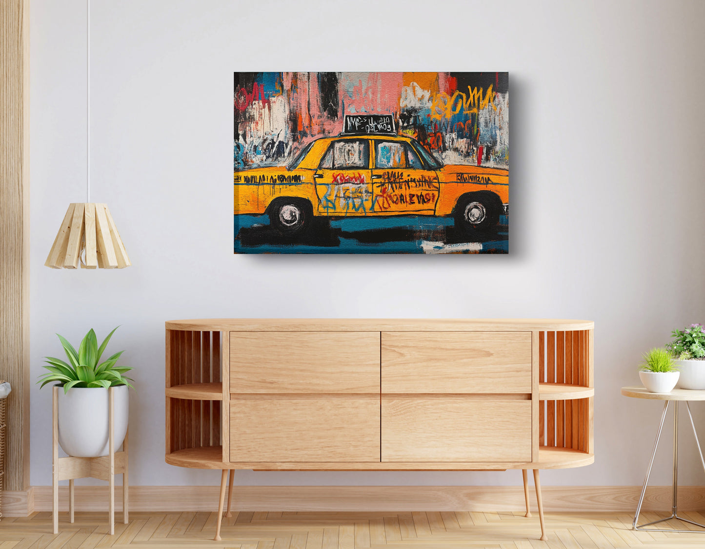 Yellow Taxi Urban Black African American canvas print displayed as living room wall decor