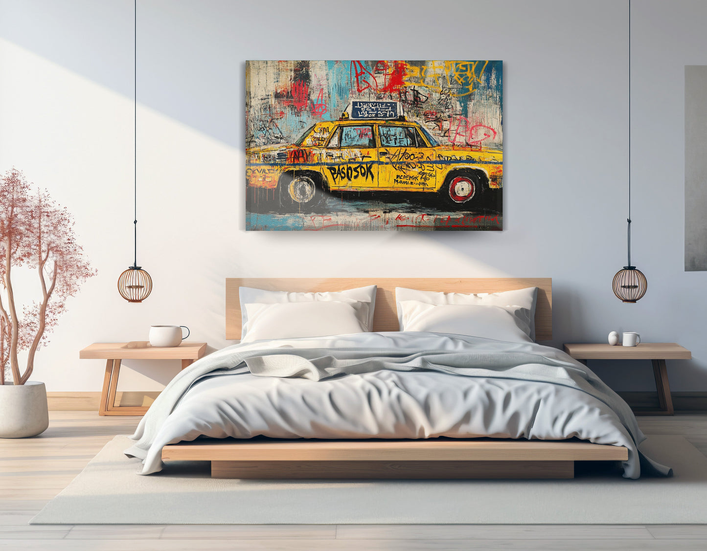 Graffiti Taxi Urban Black African American canvas print displayed as bedroom wall decor