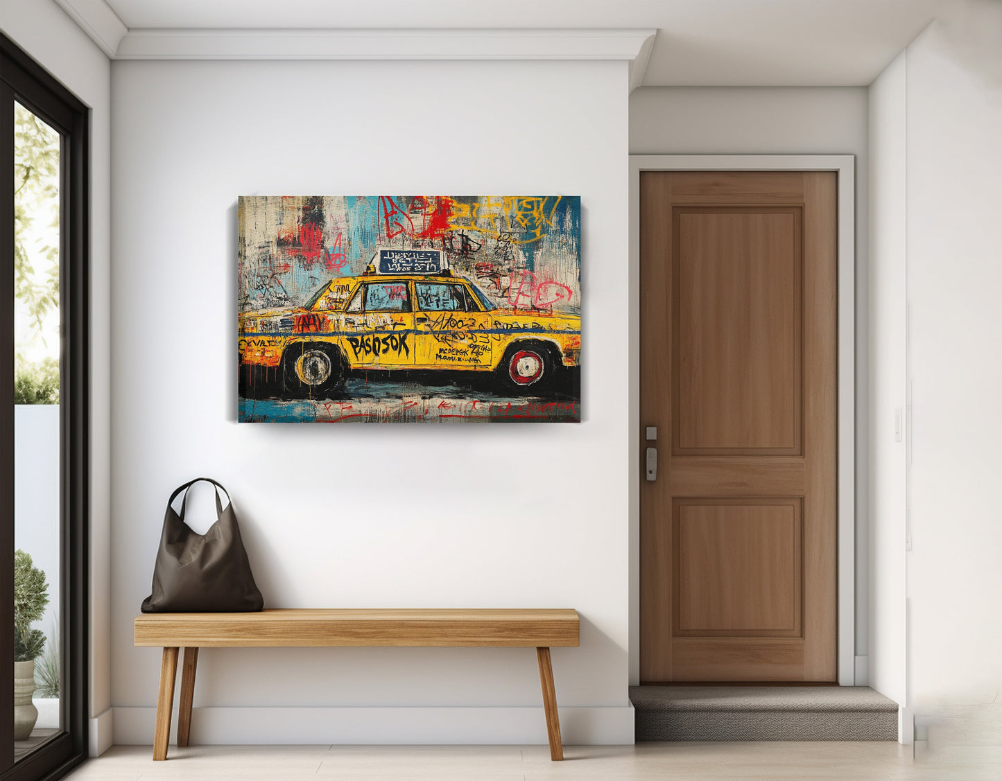 Graffiti Taxi Urban Black African American canvas print displayed as entryway wall decor