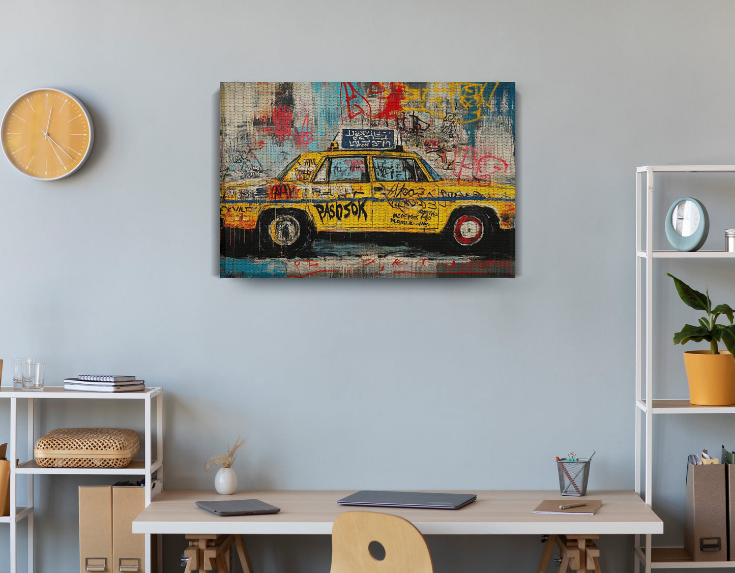 Graffiti Taxi Urban Black African American canvas print displayed as office wall decor