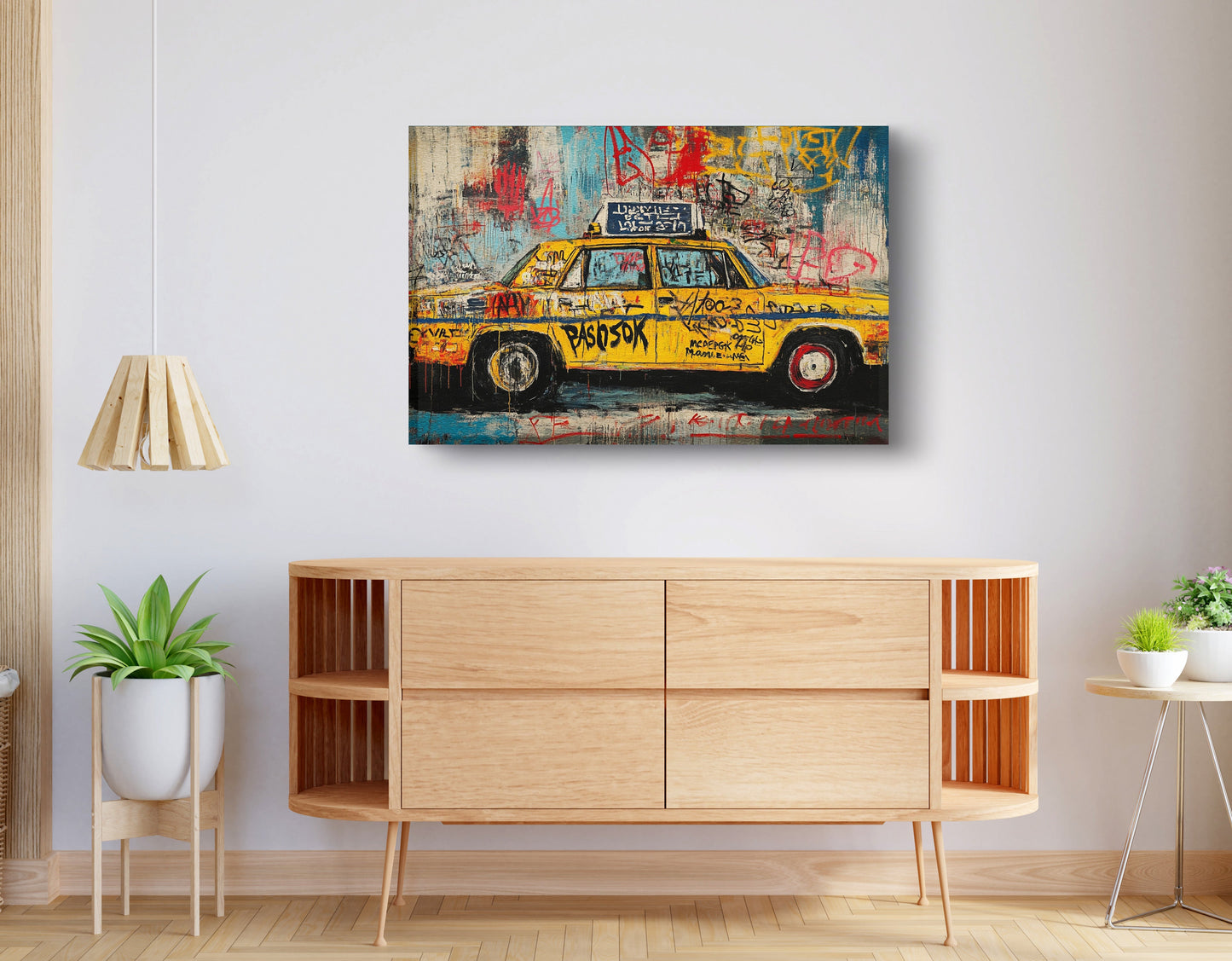 Graffiti Taxi Urban Black African American canvas print displayed as living room wall decor