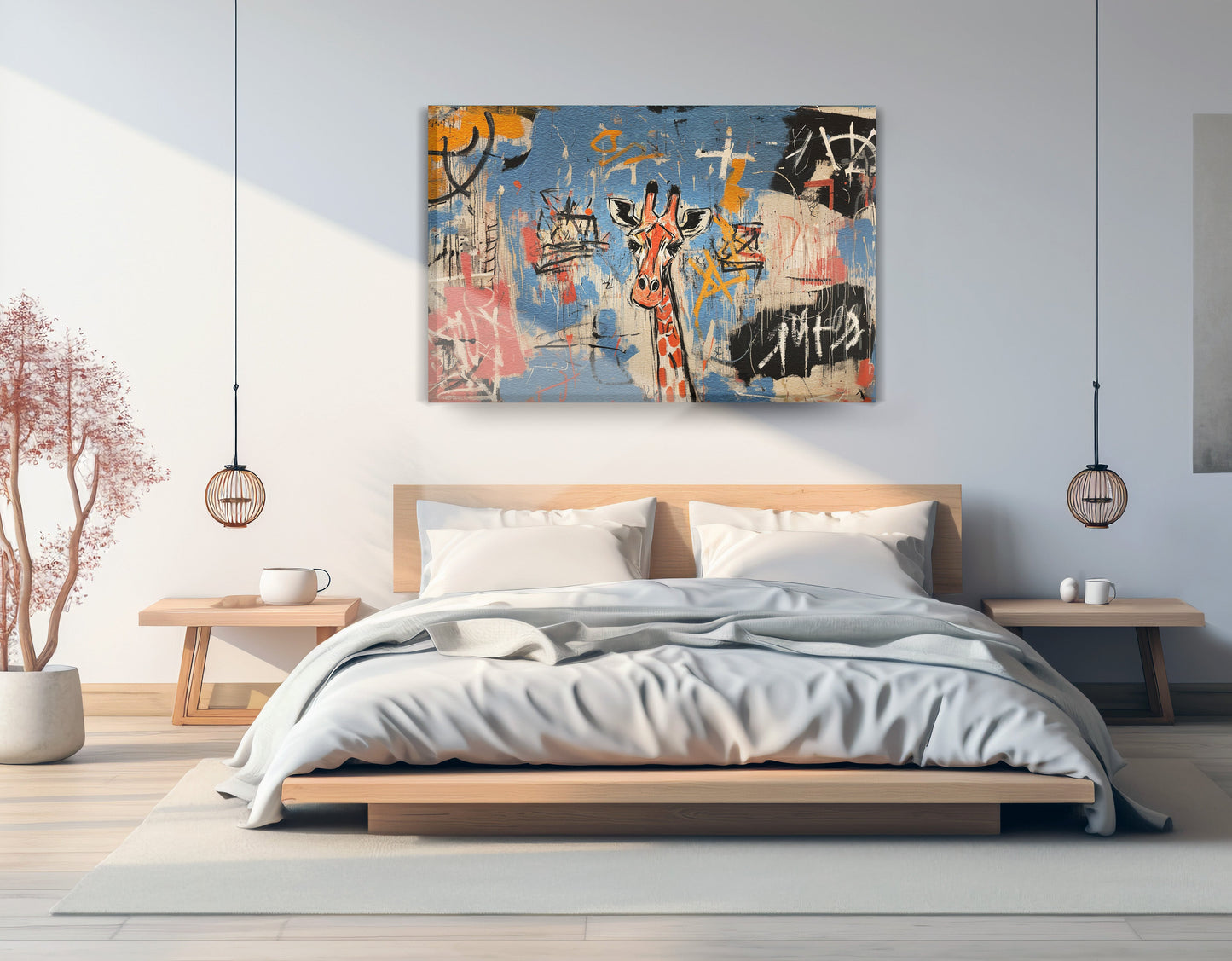 Blue Giraffe Graffiti Black African American canvas print displayed as bedroom wall decor