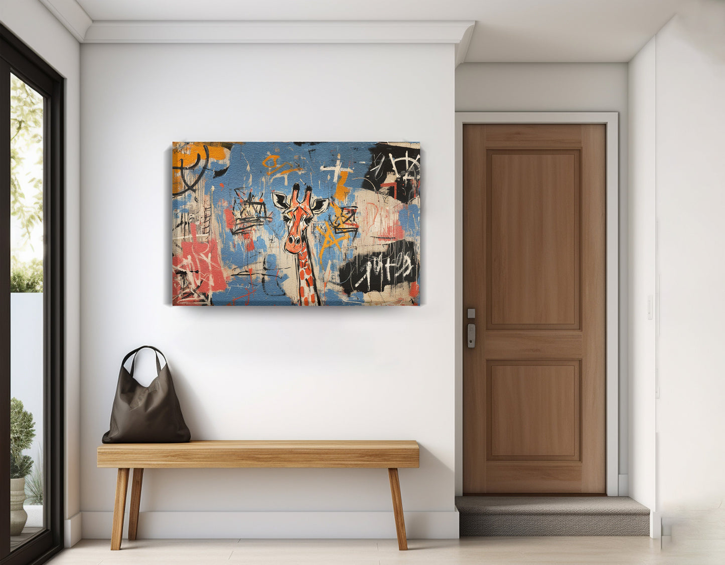 Blue Giraffe Graffiti Black African American canvas print displayed as entryway wall decor