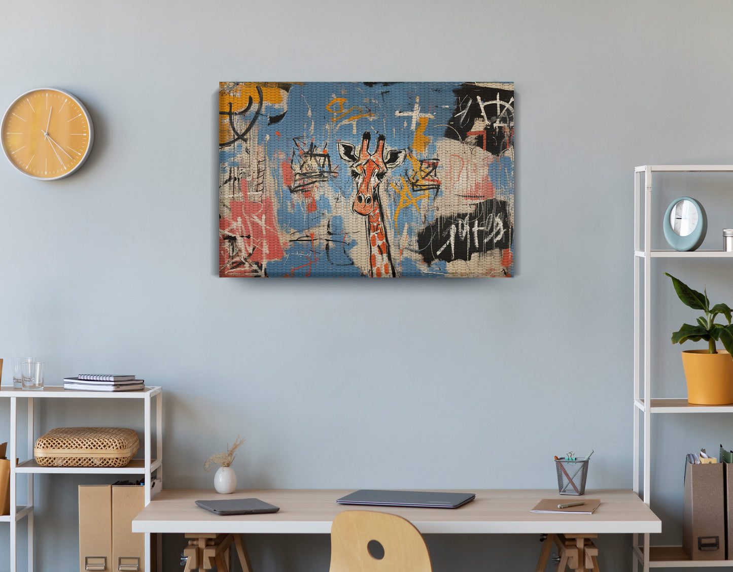 Blue Giraffe Graffiti Black African American canvas print displayed as office wall decor