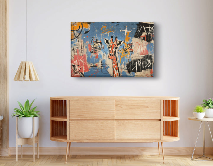 Blue Giraffe Graffiti Black Wall Art