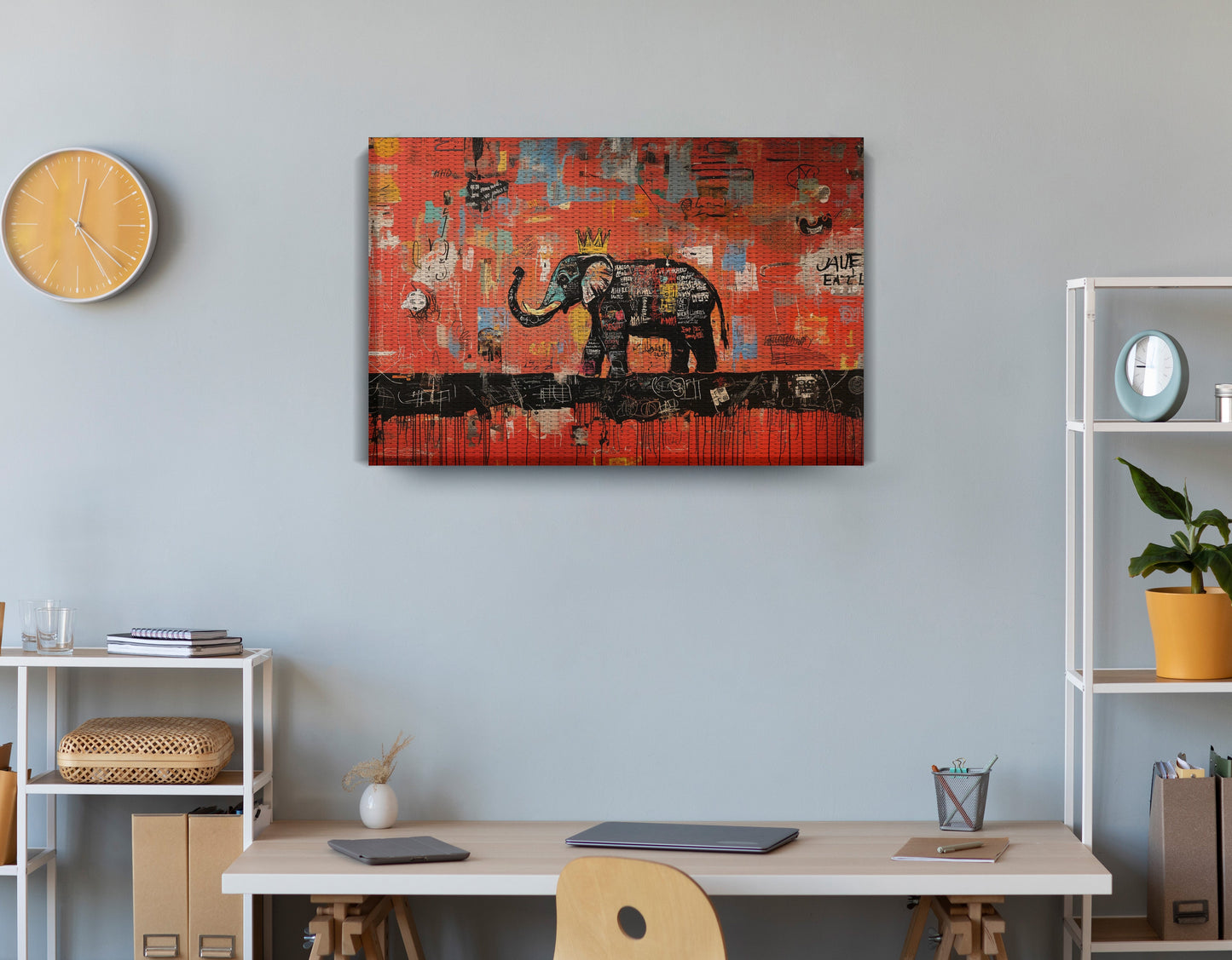 Elephant Graffiti African American canvas print displayed as office wall decor