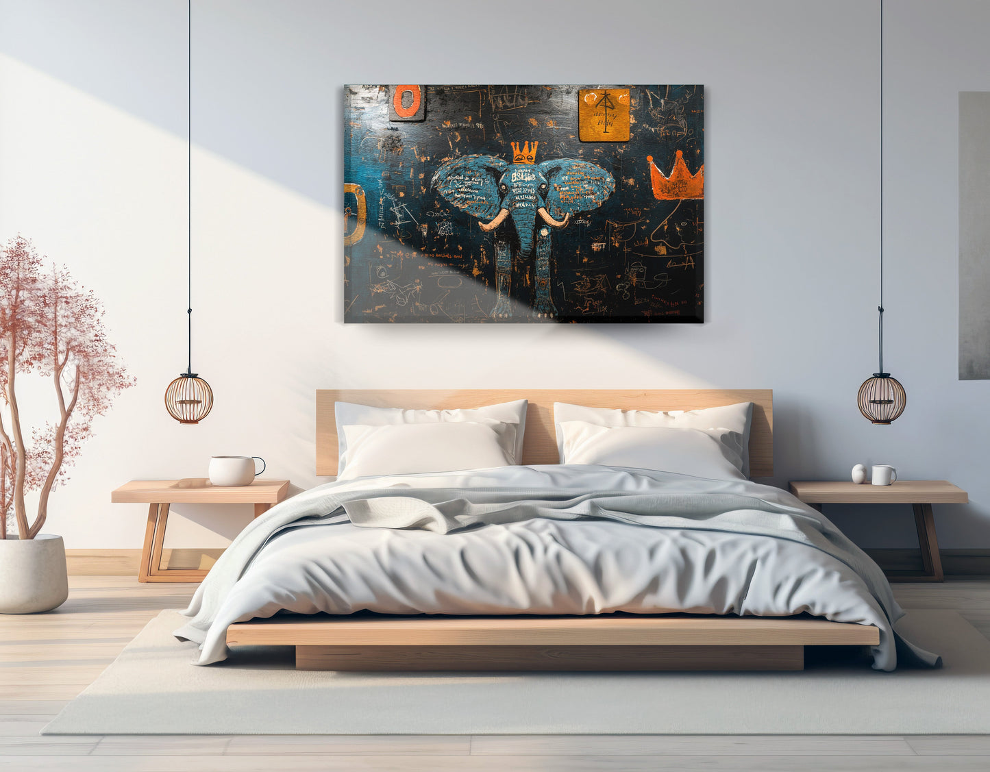 Blue Elephant Graffiti Black African American canvas print displayed as bedroom wall decor
