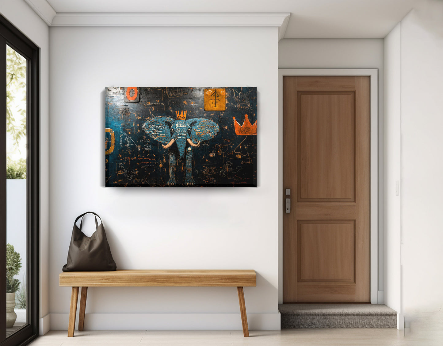 Blue Elephant Graffiti Black African American canvas print displayed as entryway wall decor