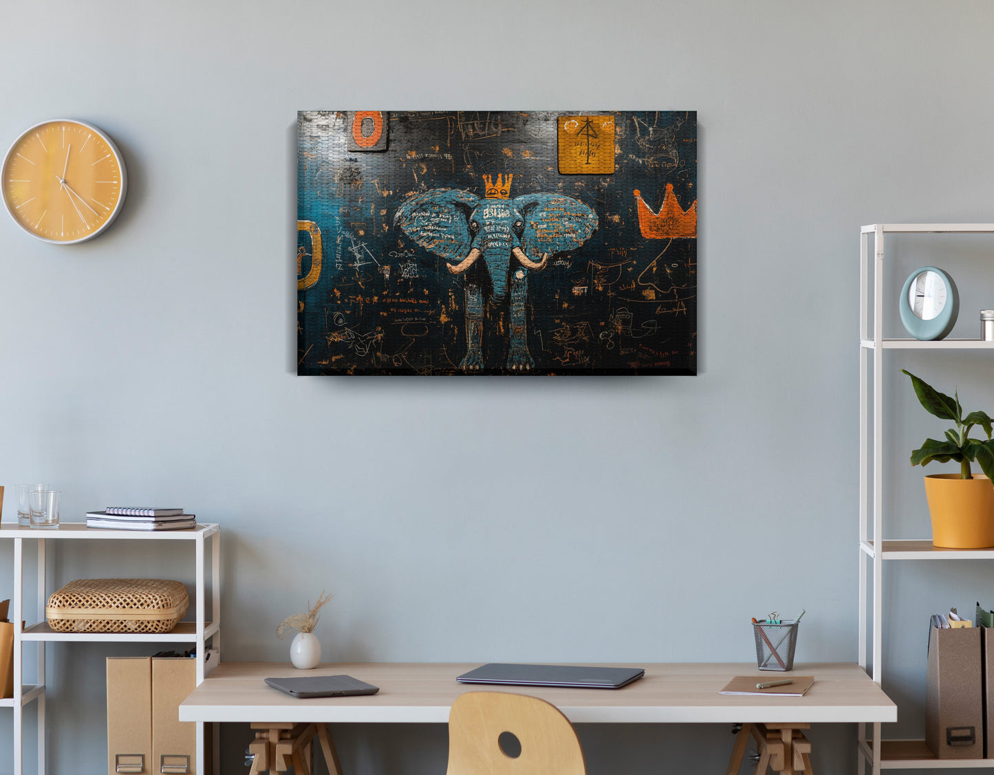 Blue Elephant Graffiti Black African American canvas print displayed as office wall decor