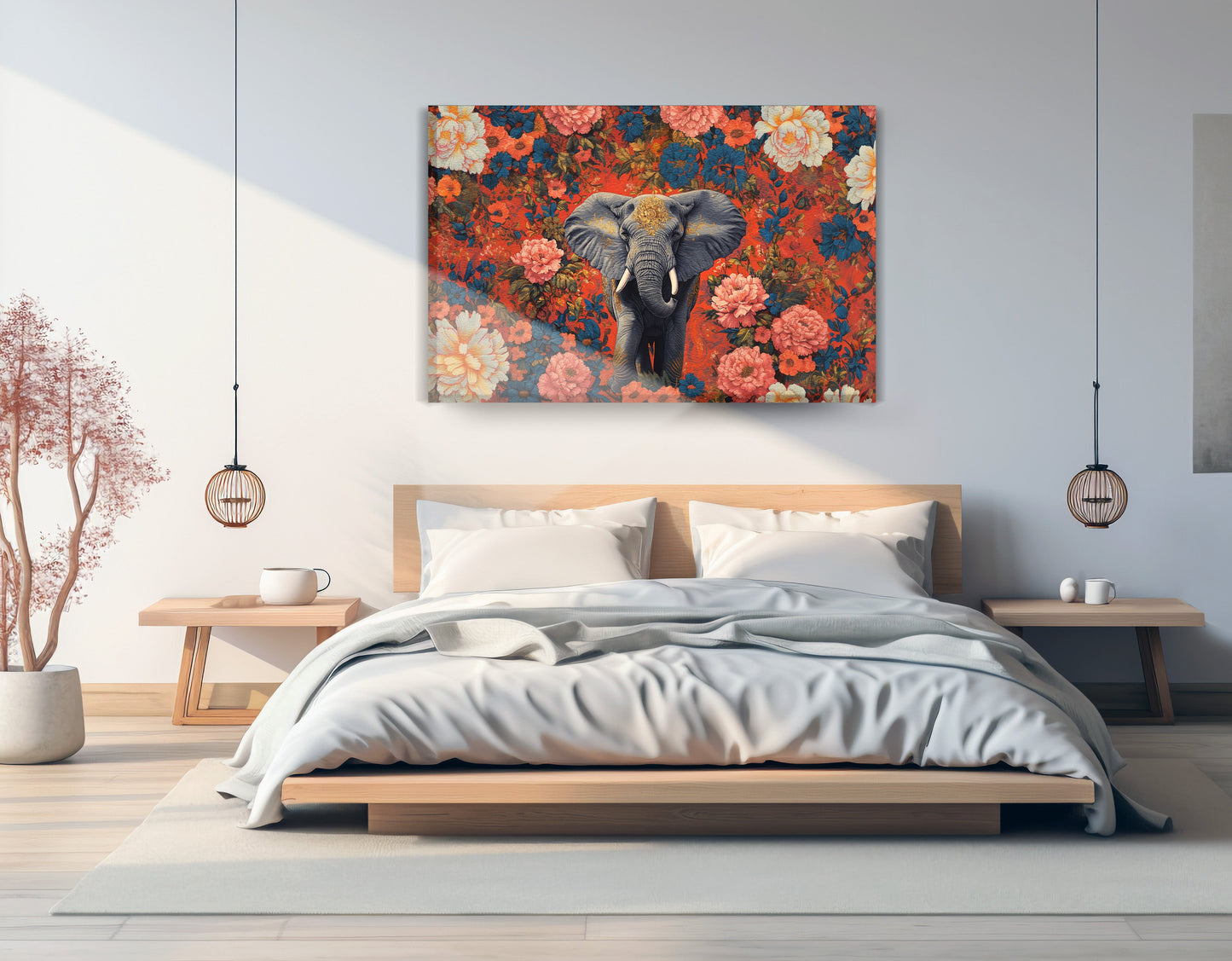 Elephant Floral Rose Black African American canvas print displayed as bedroom wall decor