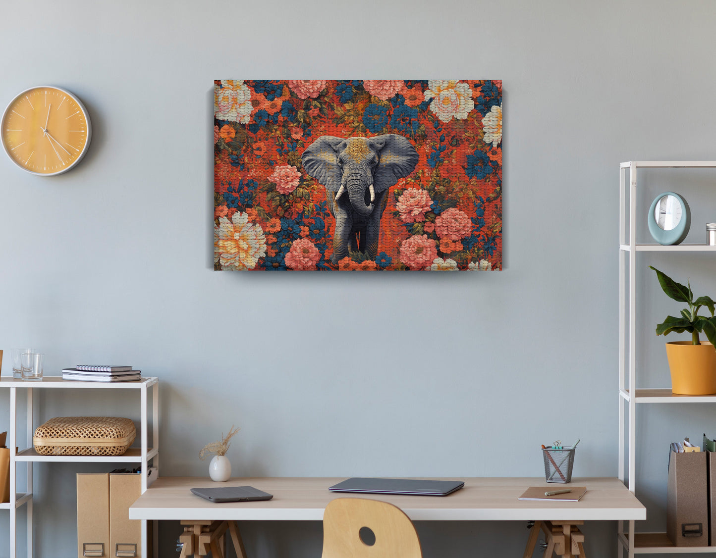 Elephant Floral Rose Black African American canvas print displayed as office wall decor