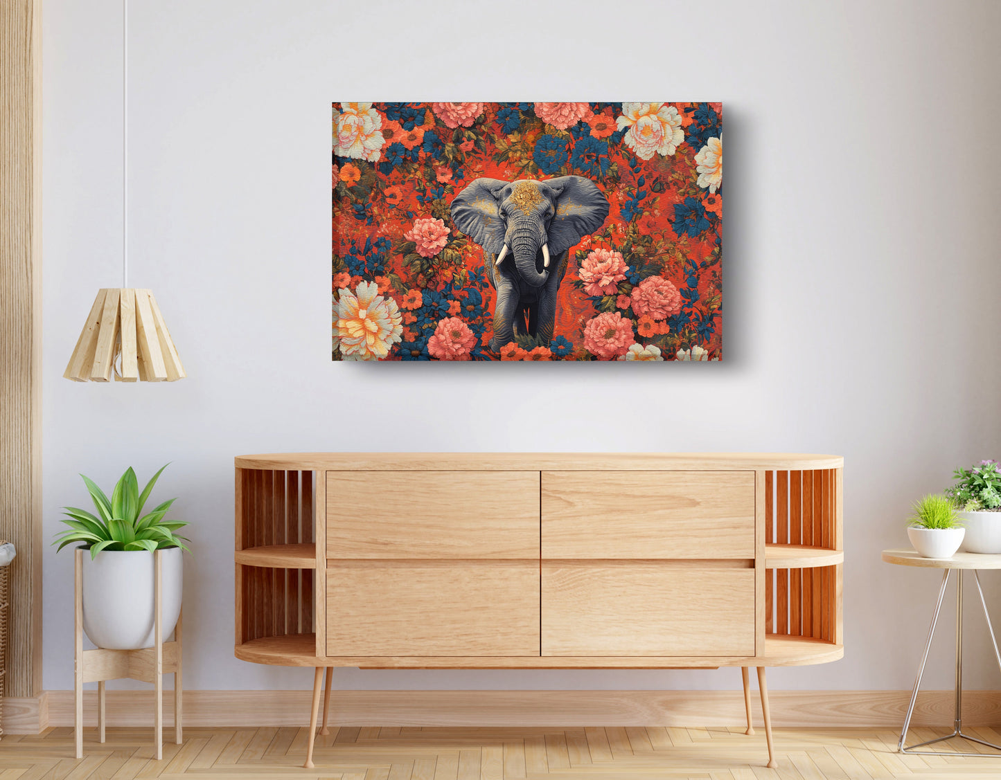 Elephant Floral Rose Black African American canvas print displayed as living room wall decor
