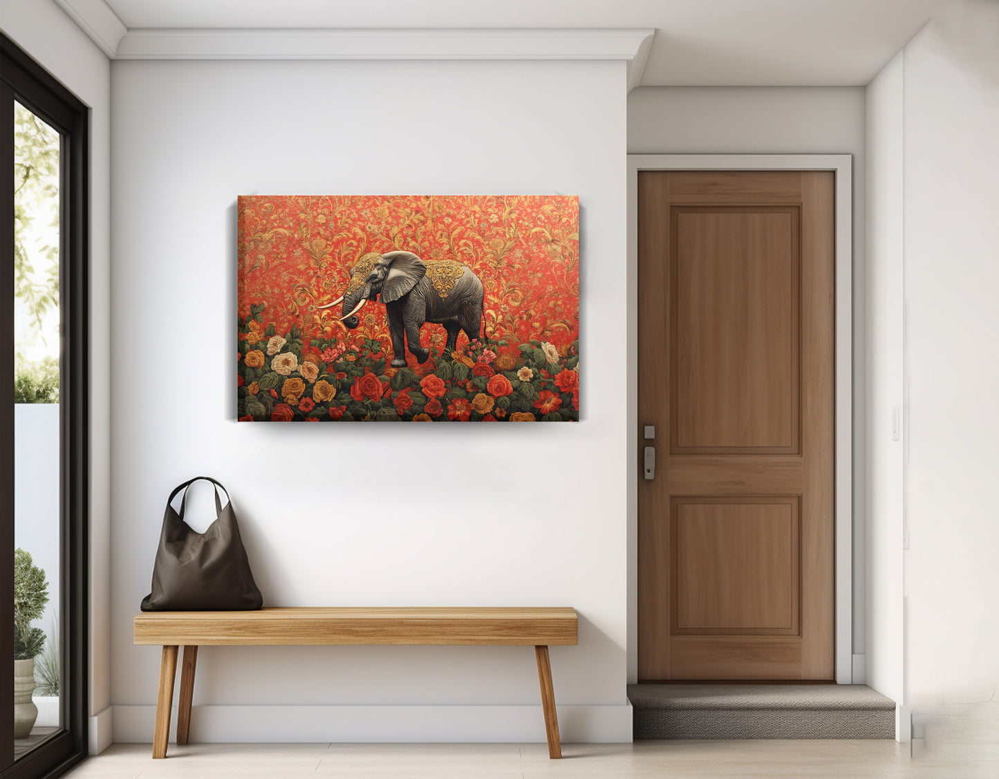Elephant Damask Floral African American canvas print displayed as entryway wall decor