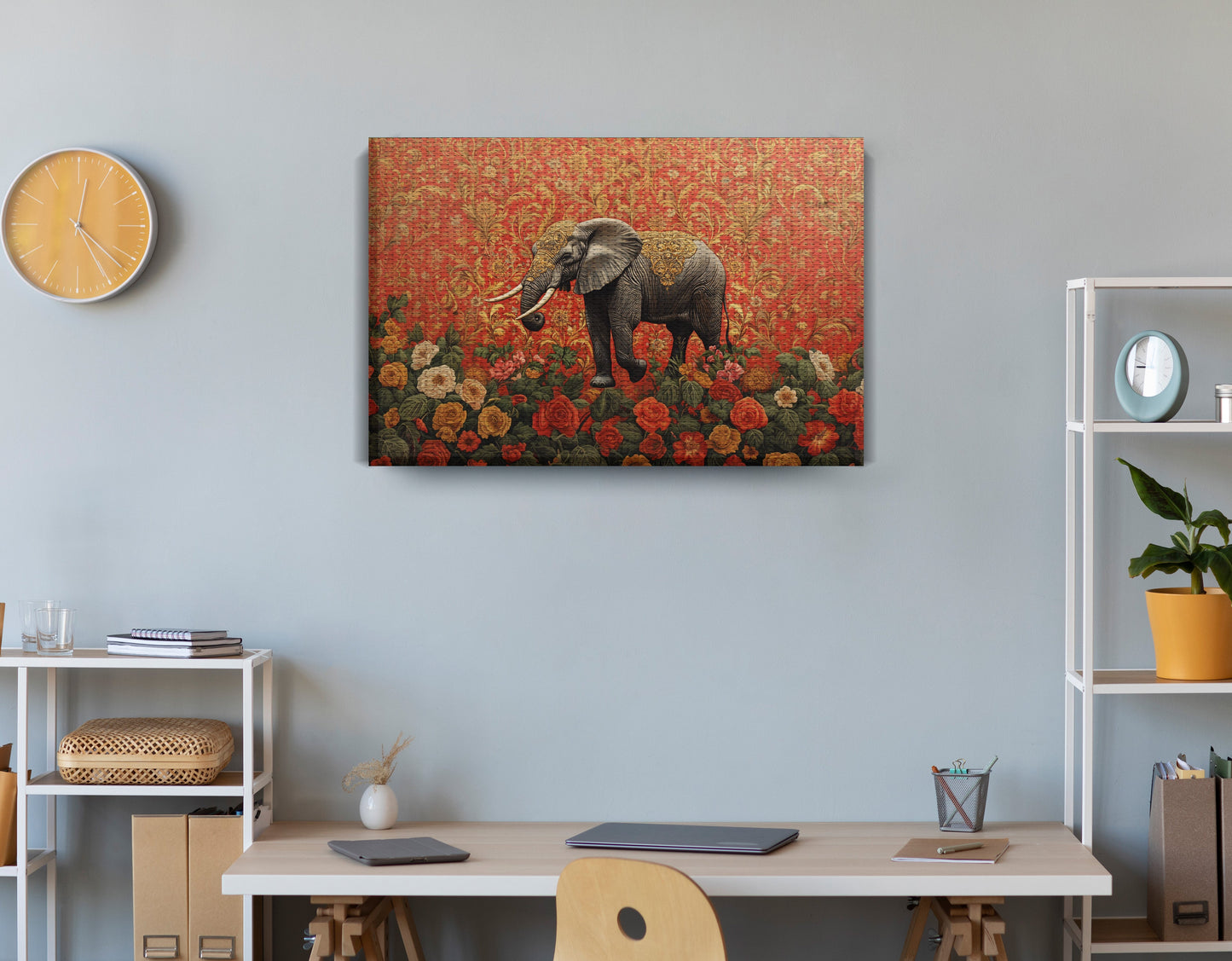 Elephant Damask Floral African American canvas print displayed as office wall decor