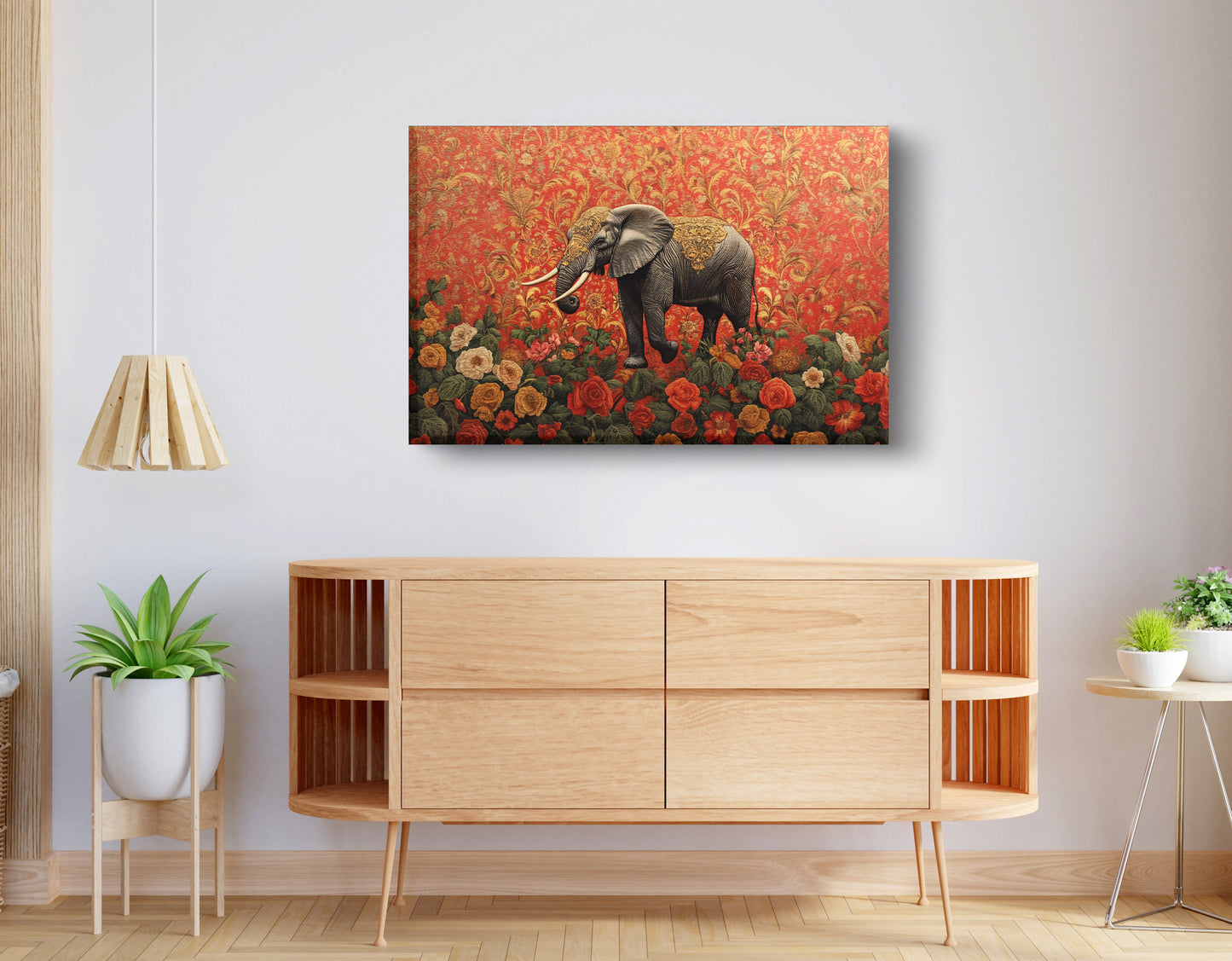 Elephant Damask Floral African American canvas print displayed as living room wall decor