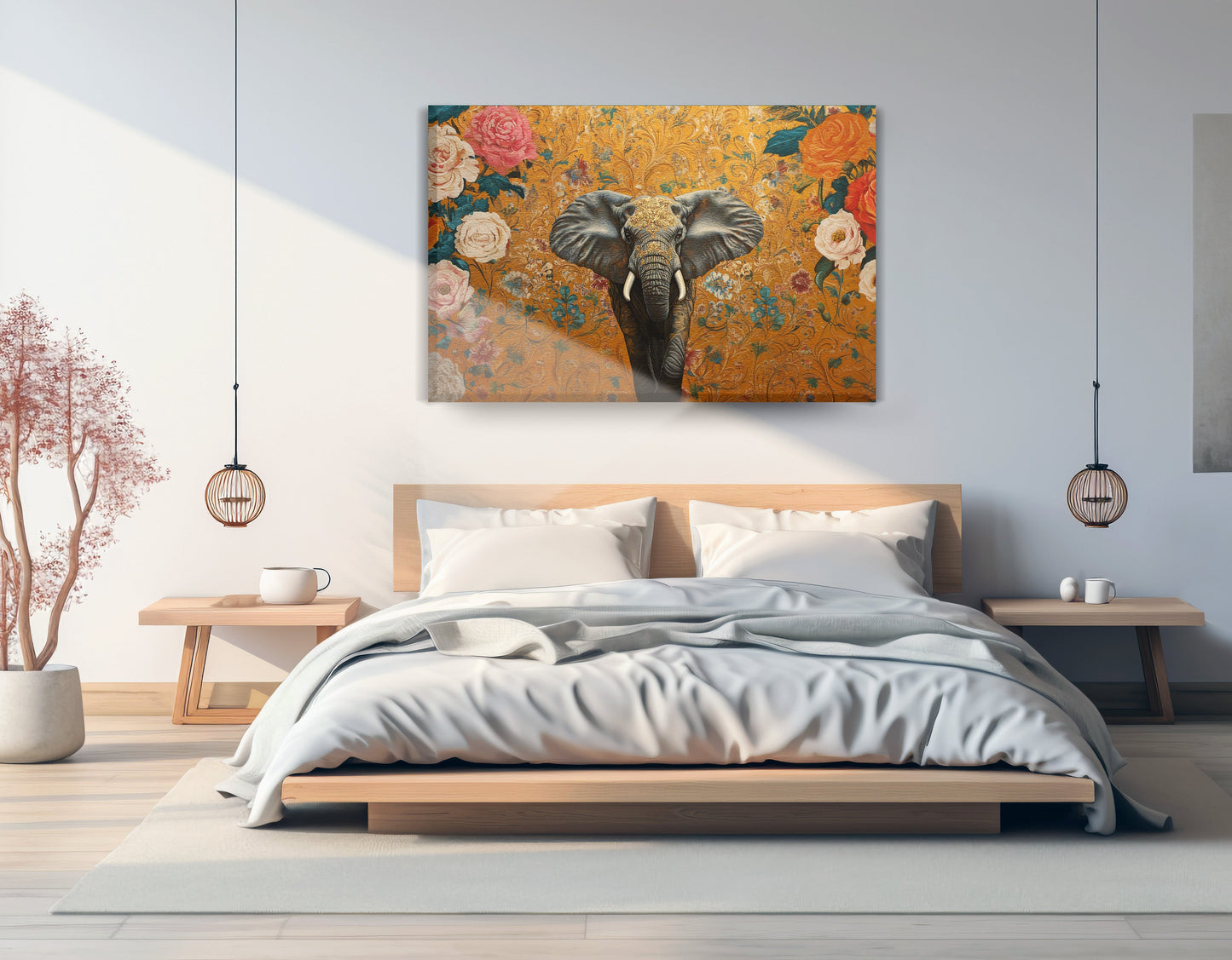 Elephant Gold Floral Black African American canvas print displayed as bedroom wall decor