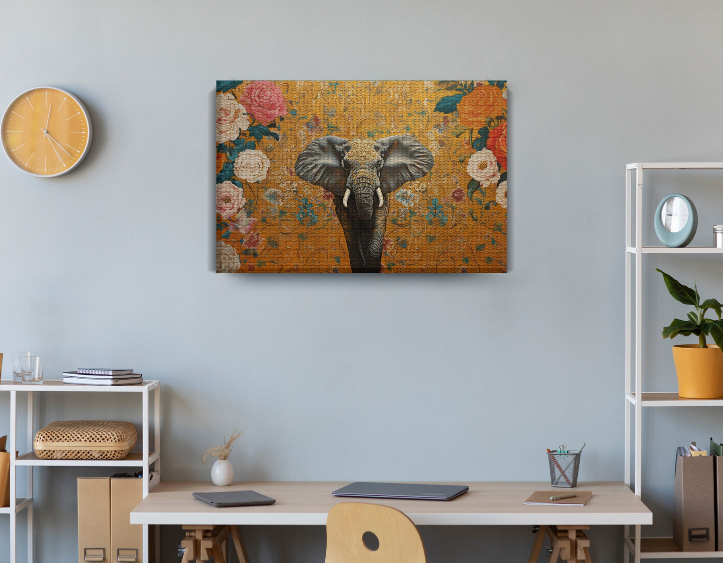 Elephant Gold Floral Black African American canvas print displayed as office wall decor