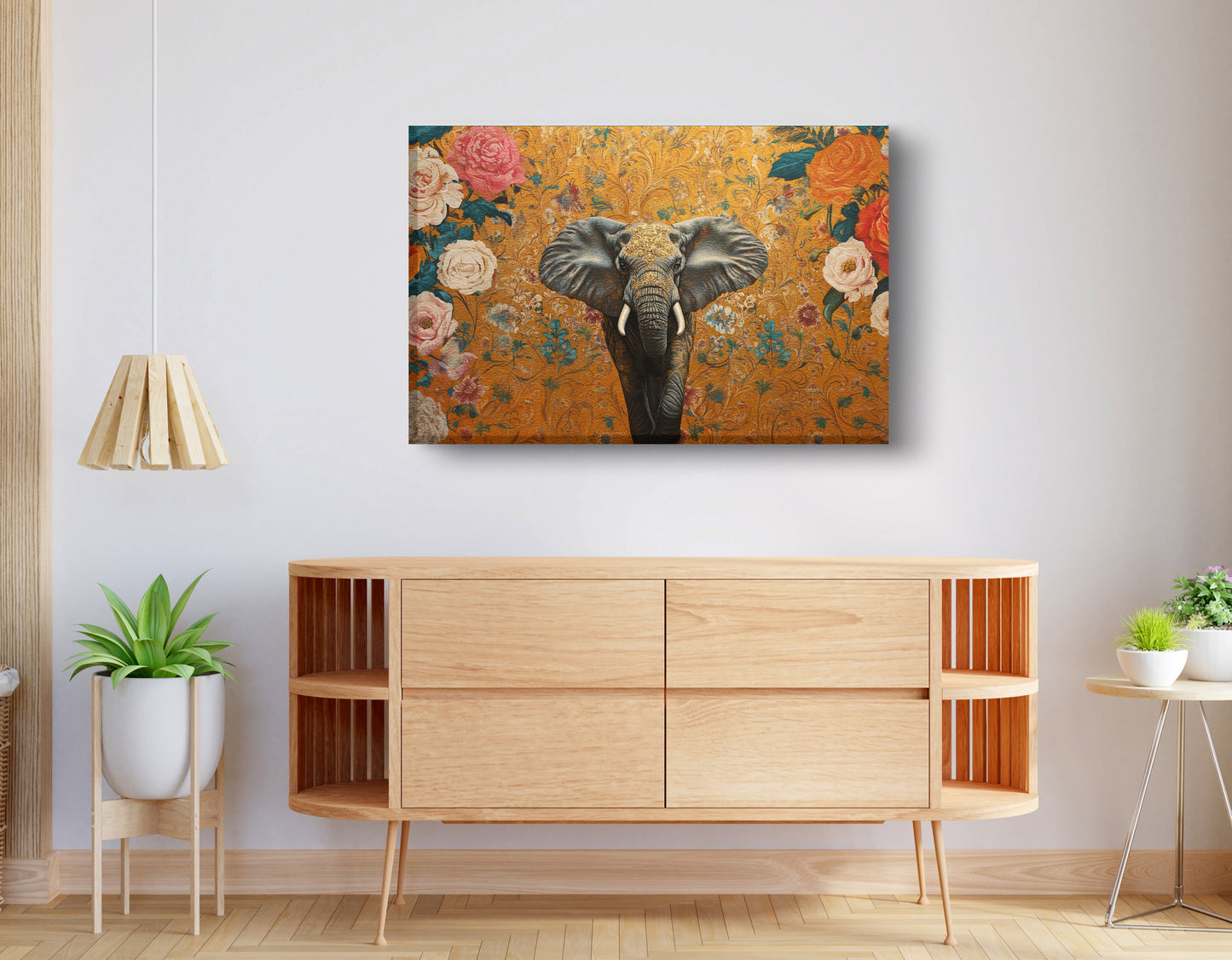 Elephant Gold Floral Black African American canvas print displayed as living room wall decor