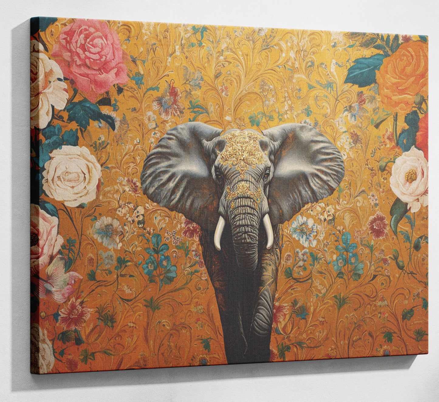 Elephant Gold Floral Black African American canvas print canvas print with visible wall art format