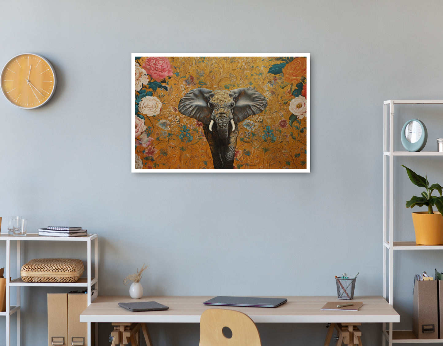 Elephant Gold Floral Black African American canvas print print view
