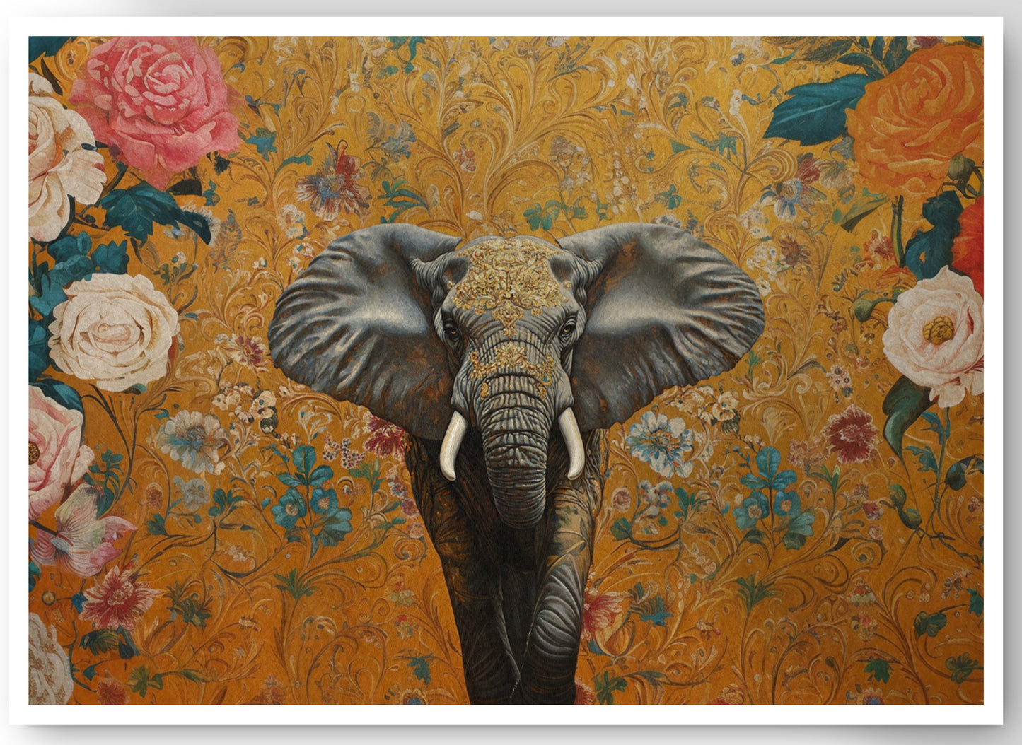 Elephant Gold Floral Black African American canvas print by MoomZee Artwork