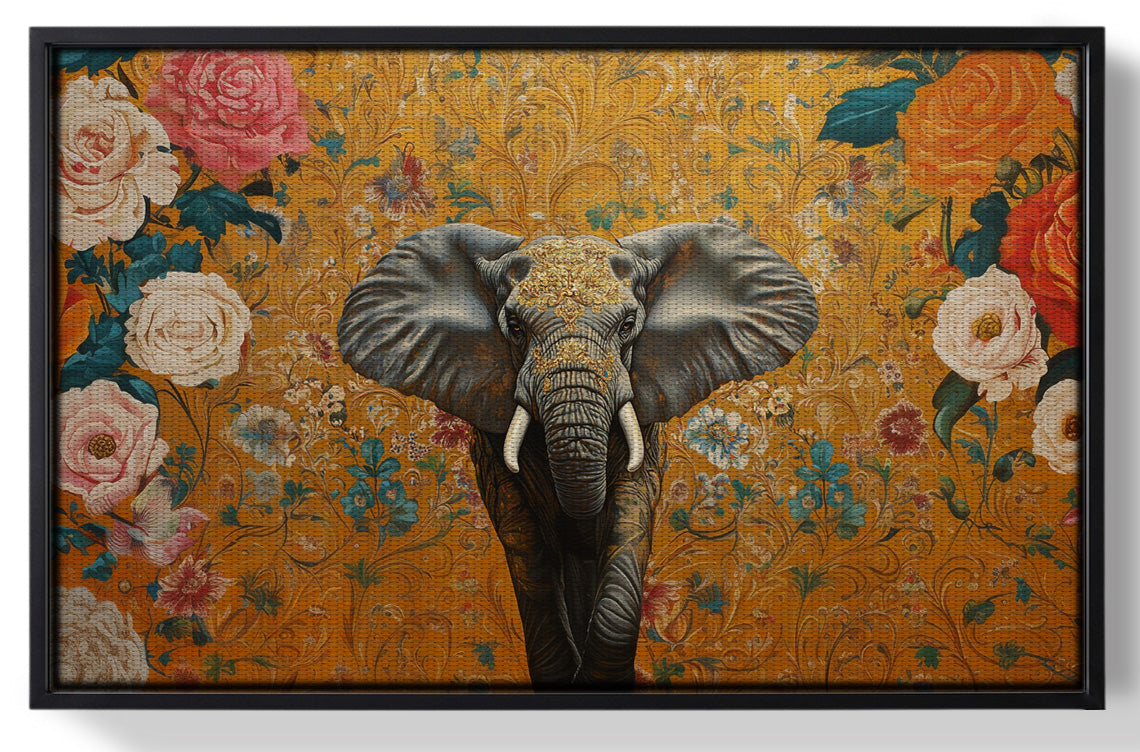 Framed Elephant Gold Floral Black African American canvas print for home decor