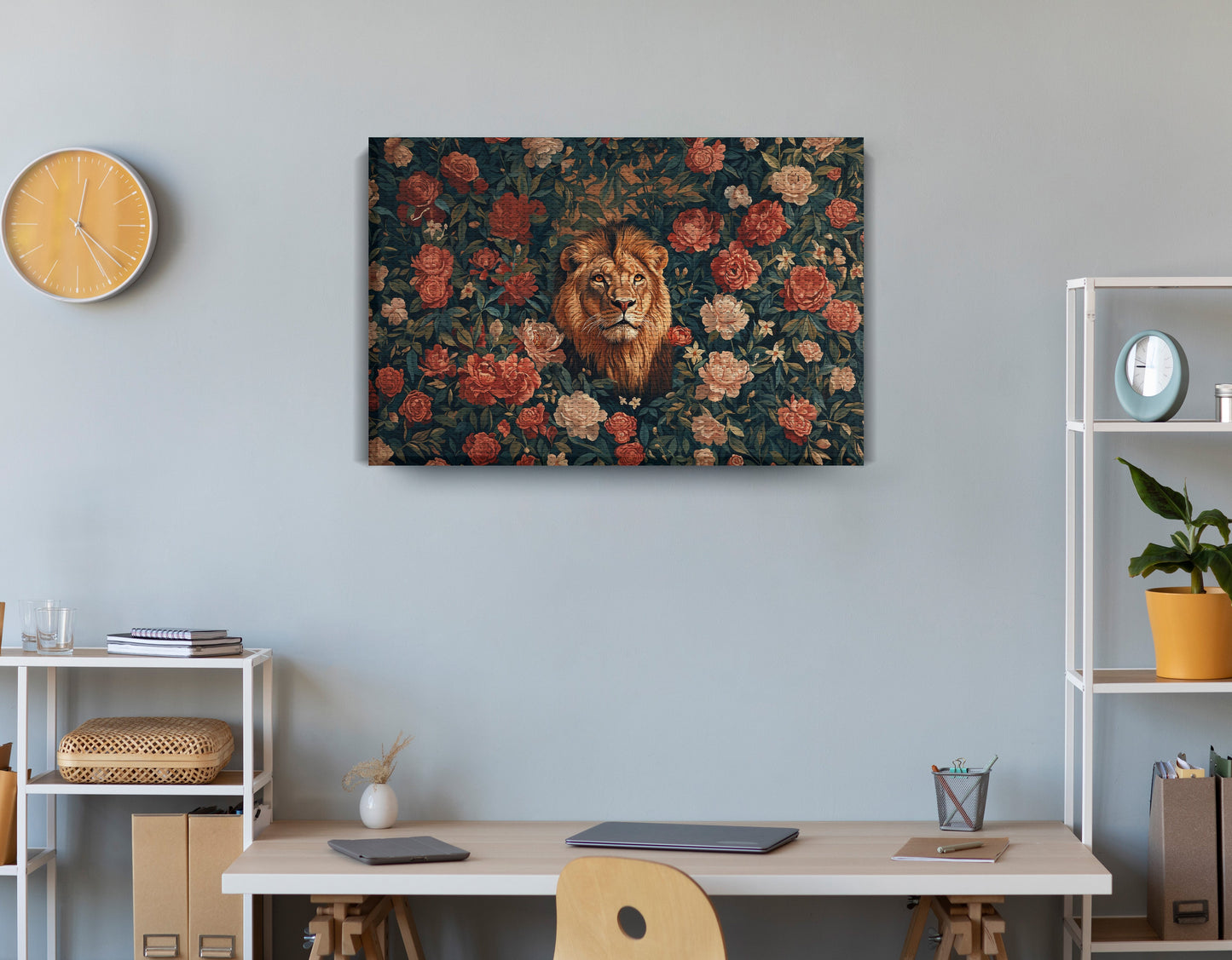 Lion Rose Floral Black African American canvas print displayed as office wall decor
