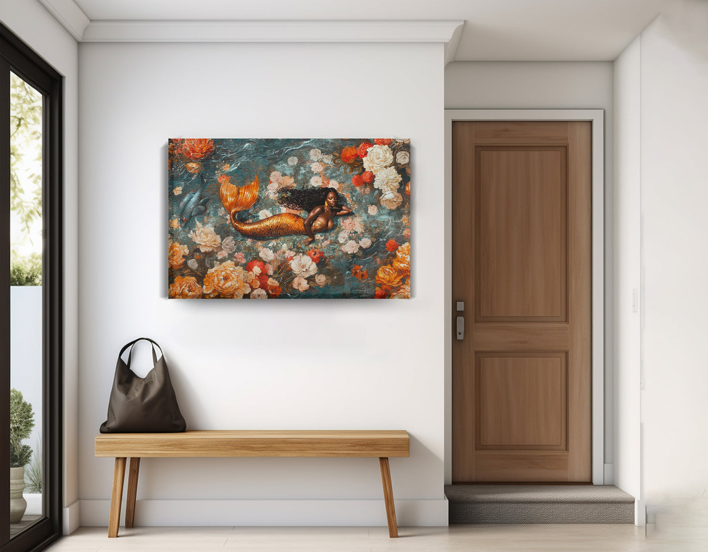 Black Mermaid Rose Garden African American canvas print displayed as entryway wall decor