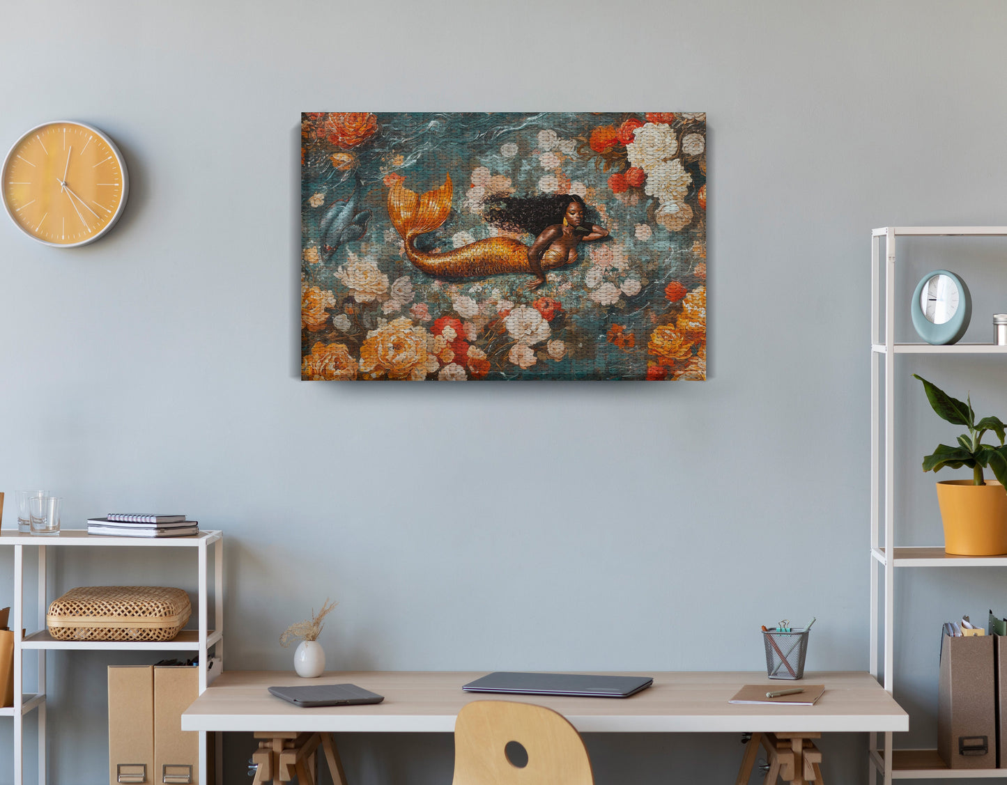 Black Mermaid Rose Garden African American canvas print displayed as office wall decor