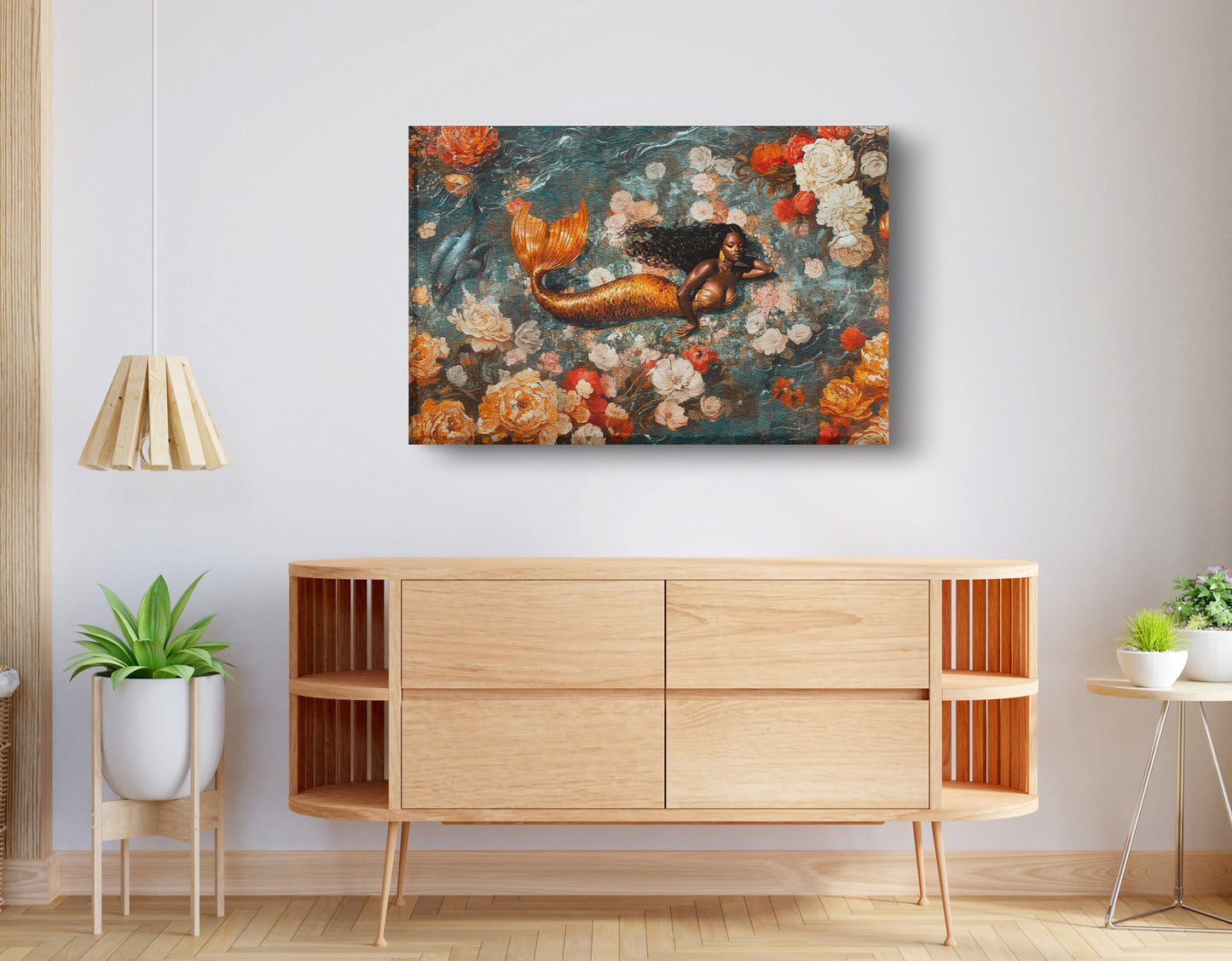 Black Mermaid Rose Garden African American canvas print displayed as living room wall decor