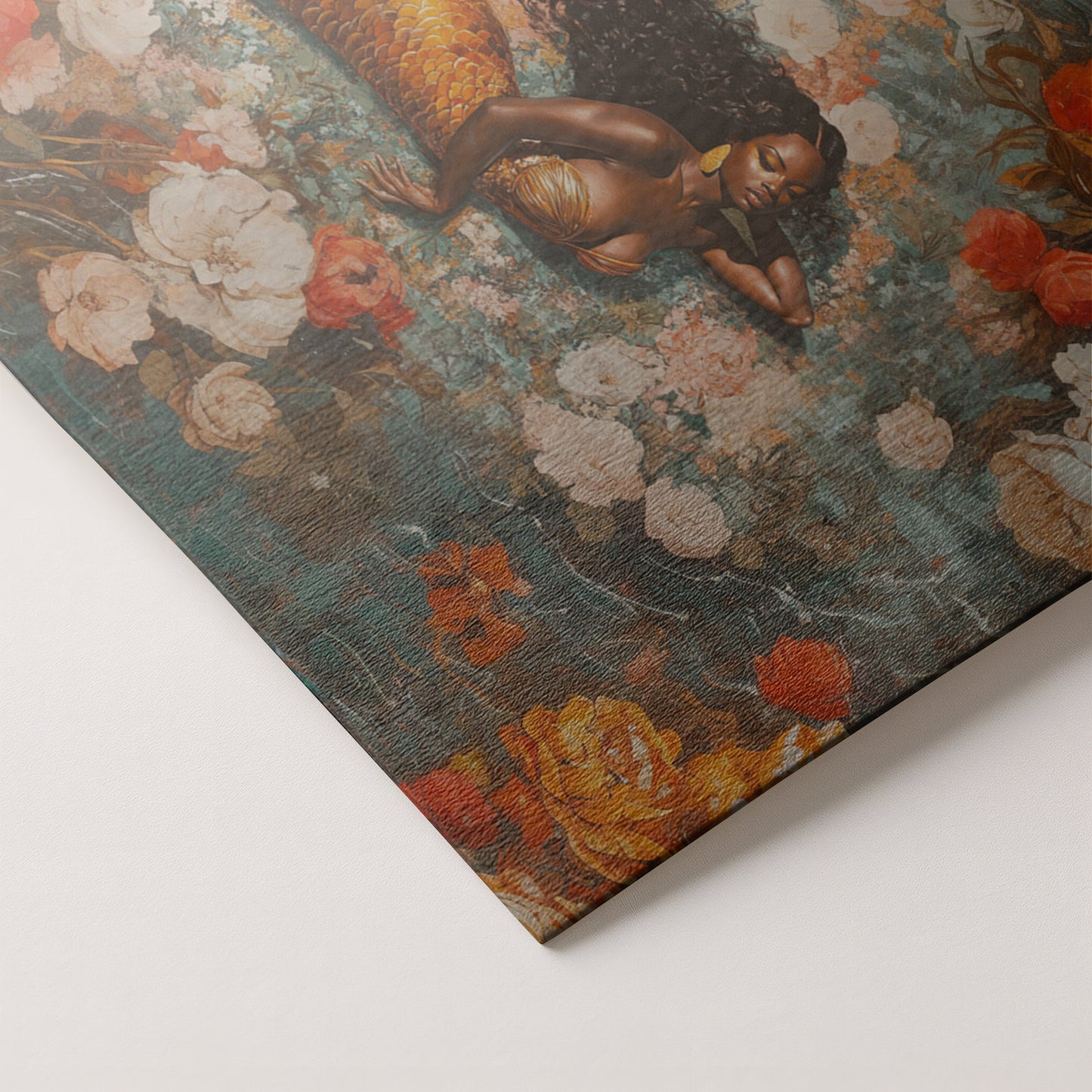 Black Mermaid Rose Garden African American canvas print artwork by MoomZee Artwork