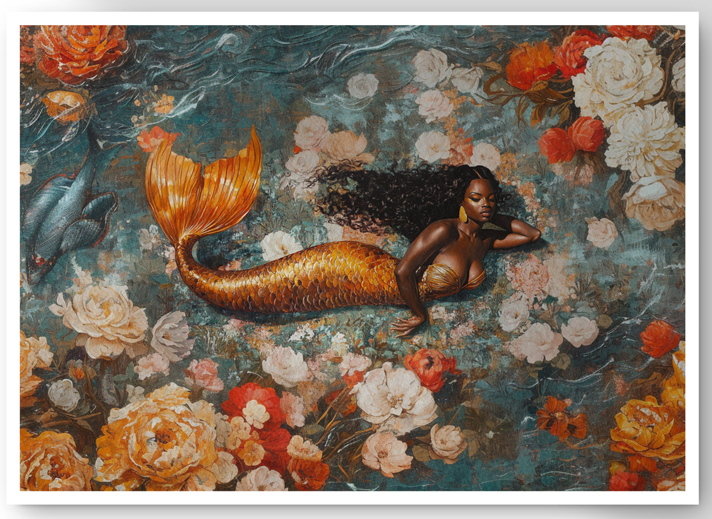 Black Mermaid Rose Garden African American canvas print by MoomZee Artwork