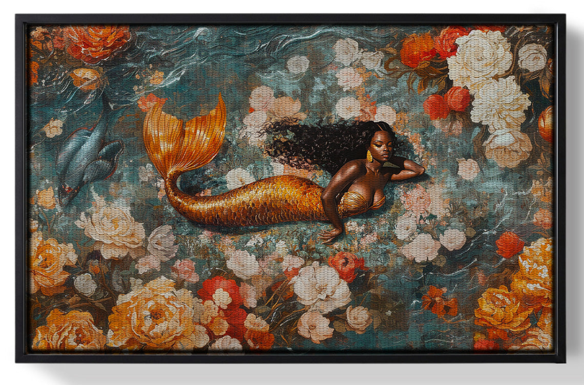 Framed Black Mermaid Rose Garden African American canvas print for home decor
