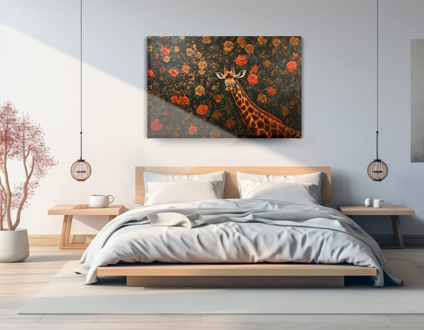 Giraffe Rose Floral Black African American canvas print displayed as bedroom wall decor