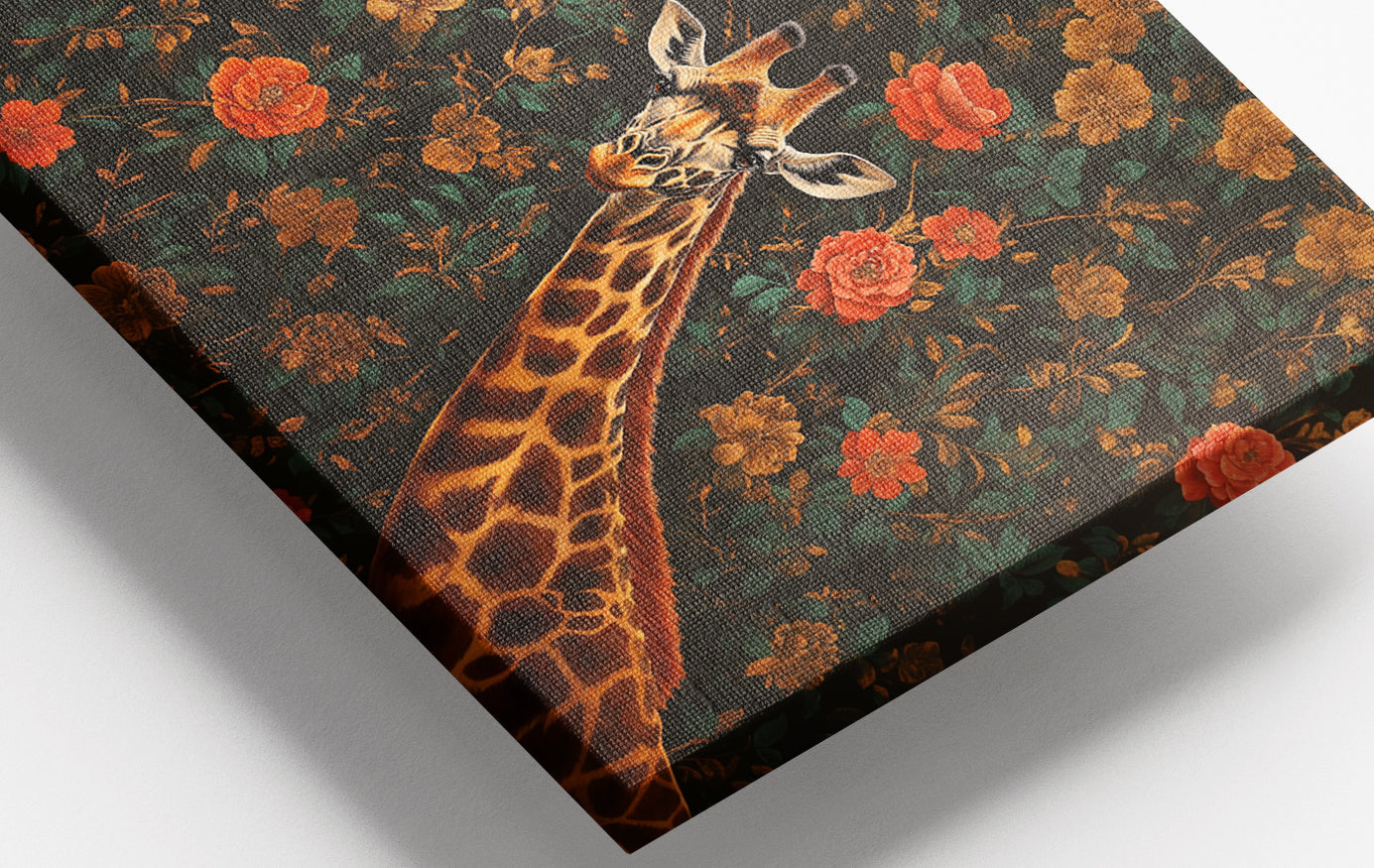 Close-up of Giraffe Rose Floral Black African American canvas print detail