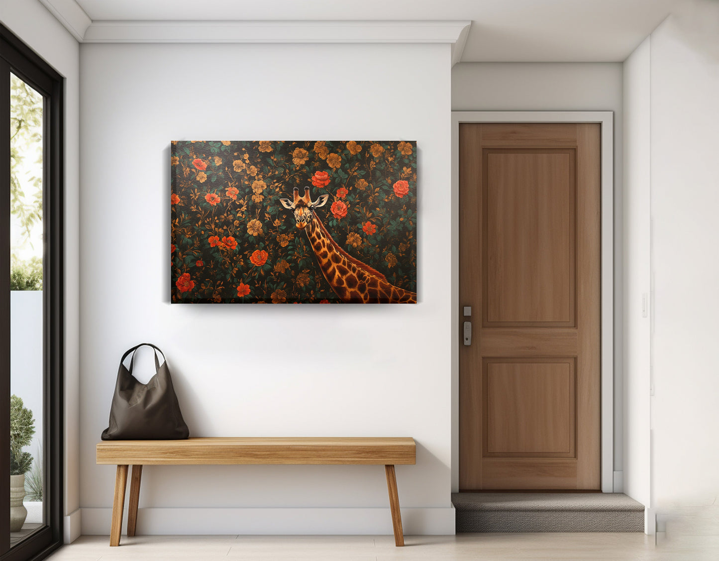 Giraffe Rose Floral Black African American canvas print displayed as entryway wall decor