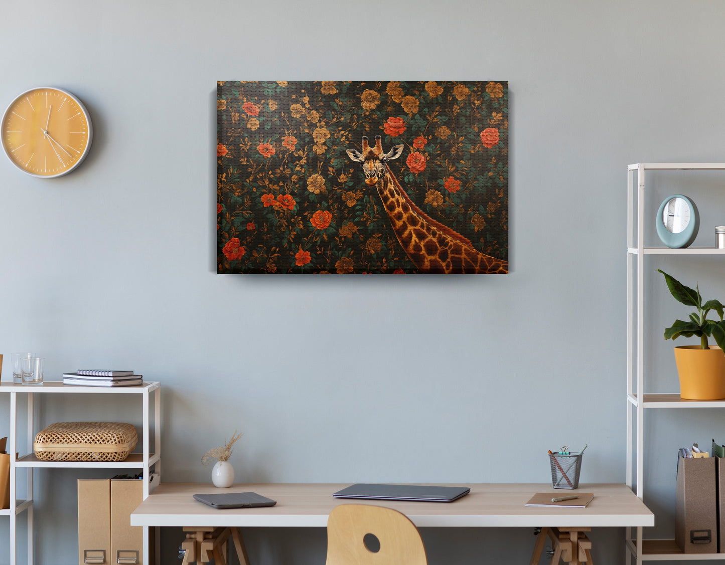 Giraffe Rose Floral Black African American canvas print displayed as office wall decor