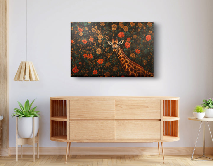 Giraffe Rose Floral Black Wall Art