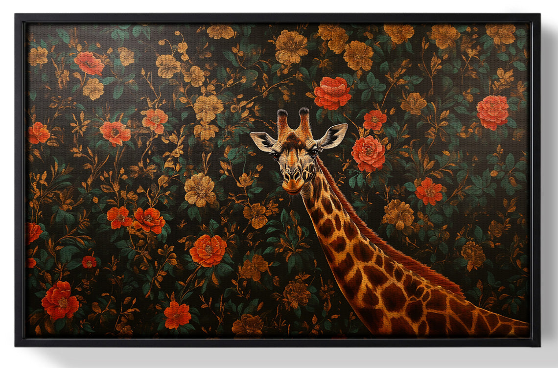 Framed Giraffe Rose Floral Black African American canvas print for home decor