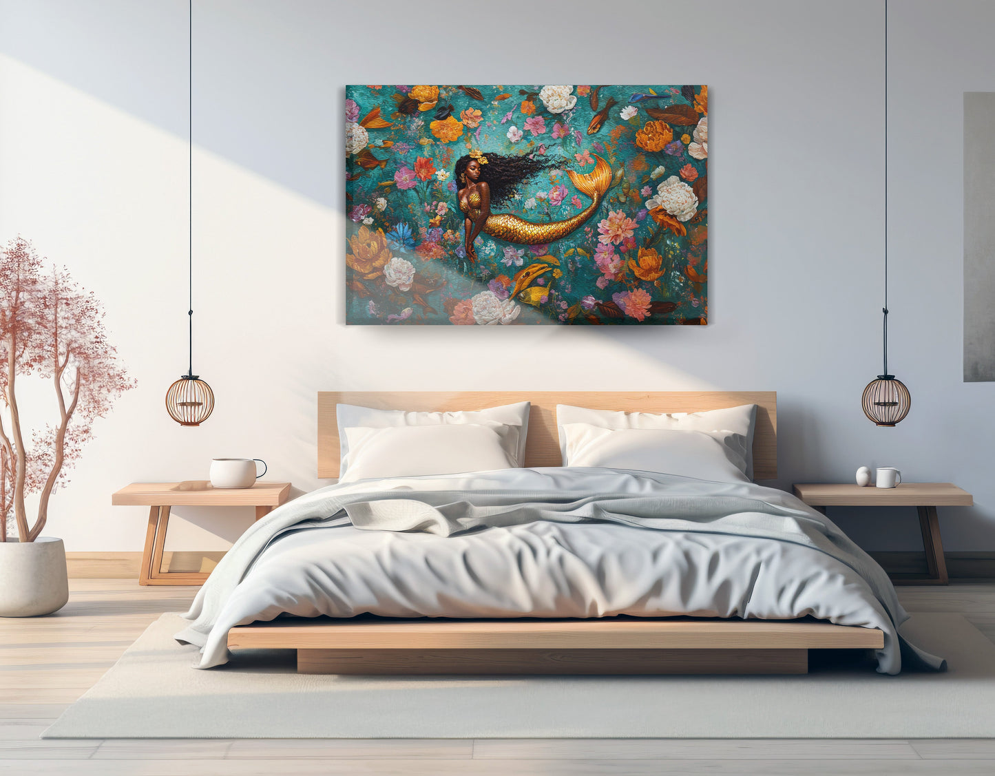 Black Mermaid Floral Fantasy African American canvas print displayed as bedroom wall decor