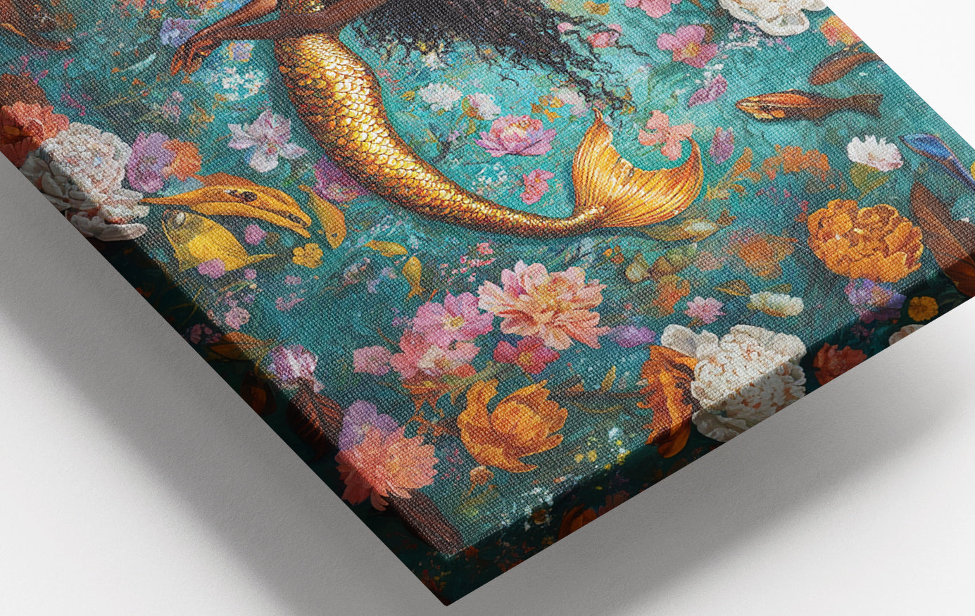 Close-up of Black Mermaid Floral Fantasy African American canvas print detail