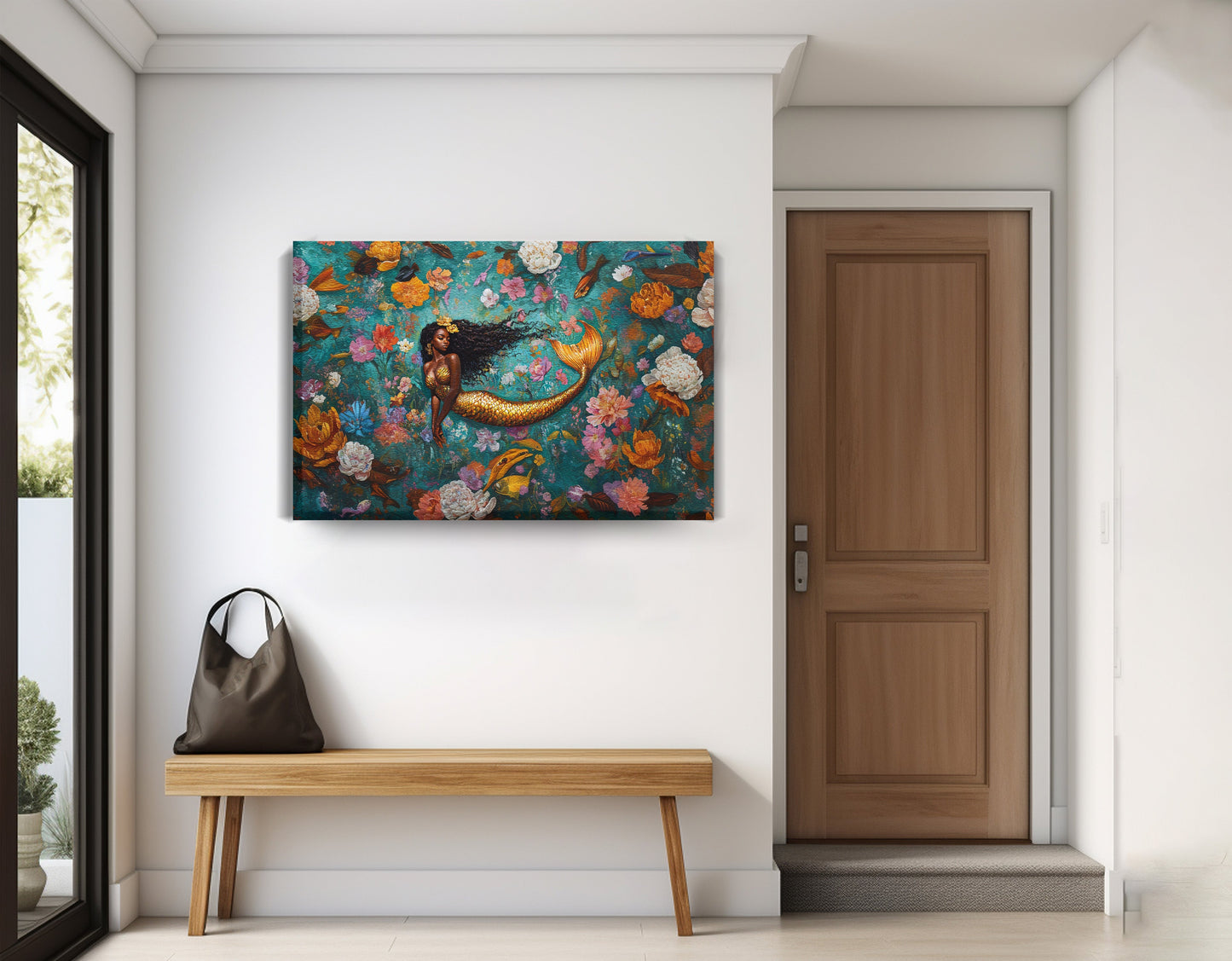 Black Mermaid Floral Fantasy African American canvas print displayed as entryway wall decor