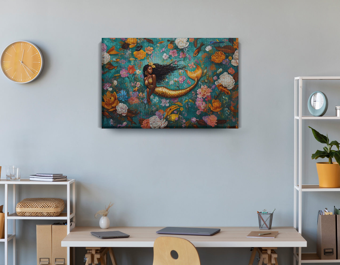 Black Mermaid Floral Fantasy African American canvas print displayed as office wall decor
