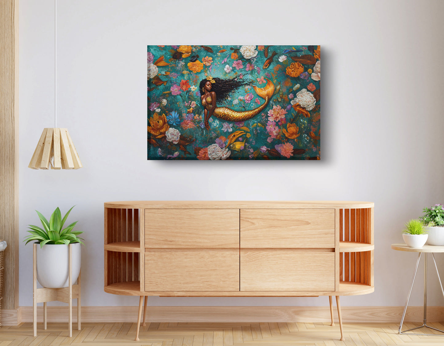 Black Mermaid Floral Fantasy African American canvas print displayed as living room wall decor