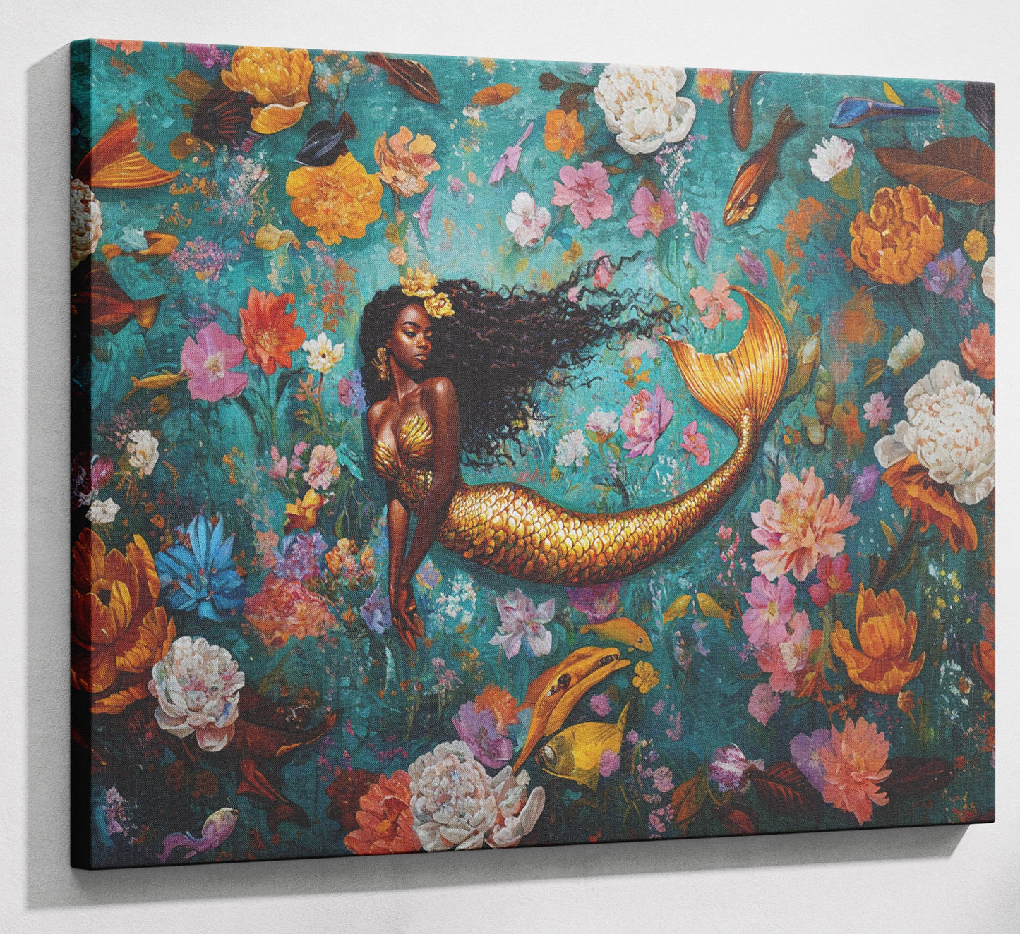 Black Mermaid Floral Fantasy African American canvas print canvas print with visible wall art format