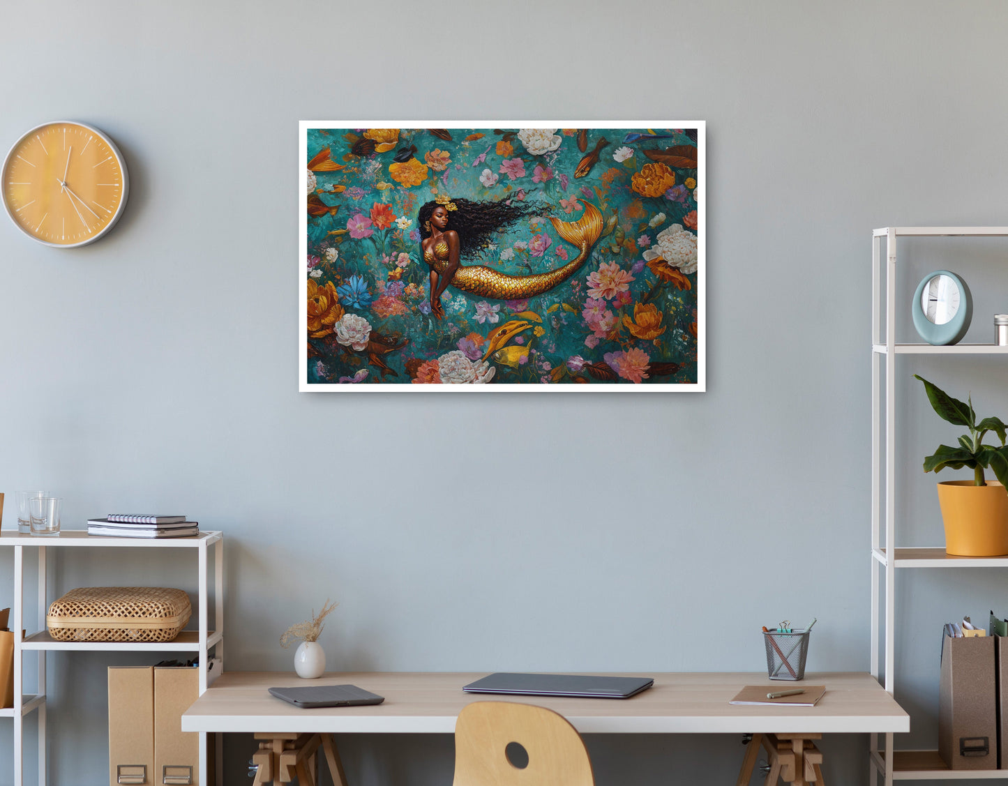 Black Mermaid Floral Fantasy African American canvas print print view