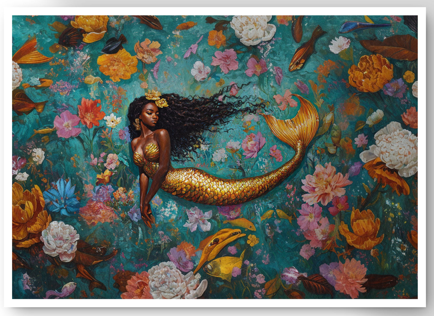 Black Mermaid Floral Fantasy African American canvas print by MoomZee Artwork