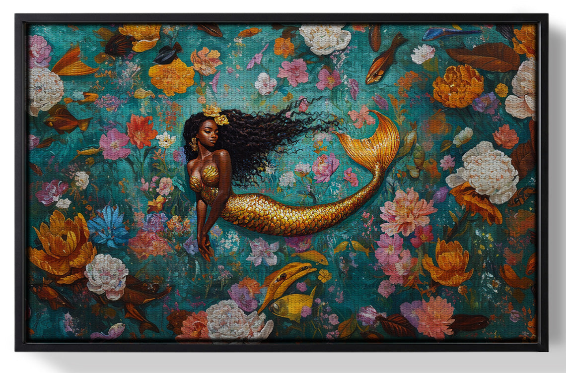 Framed Black Mermaid Floral Fantasy African American canvas print for home decor